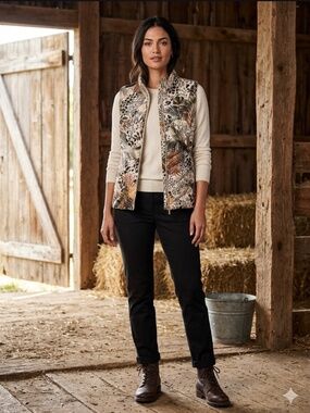 Concept Mixed Media Safari/Tropical Leaf Zip-Up Quilted Puffer Vest S Gorpcore